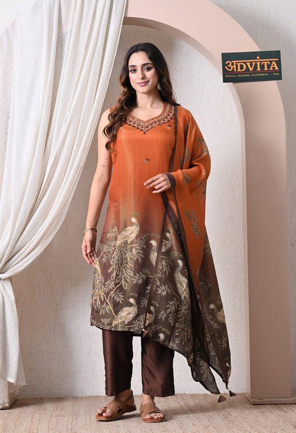Advita rust orange chinon silk party wear three piece suit for women