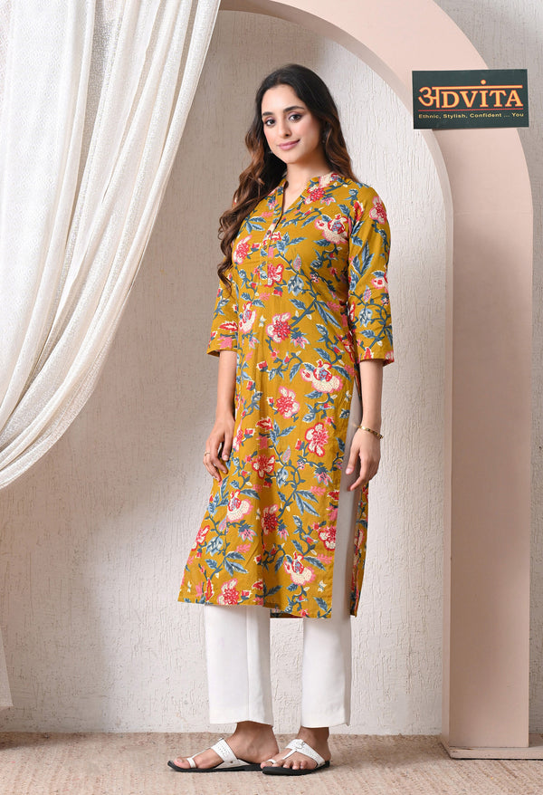 Advita mustard floral cotton kurti for comfortable travel days