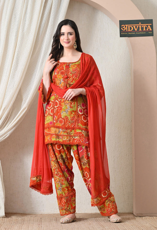 Advita orange floral farsi salwar suit for a kitty party