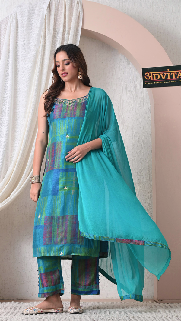 Advita teal blue checked muslin silk suit with dupatta