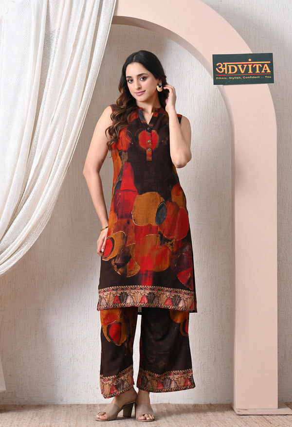 Advita Dark Brown Abstract Print Rayon Cotton Kurta Set for Women