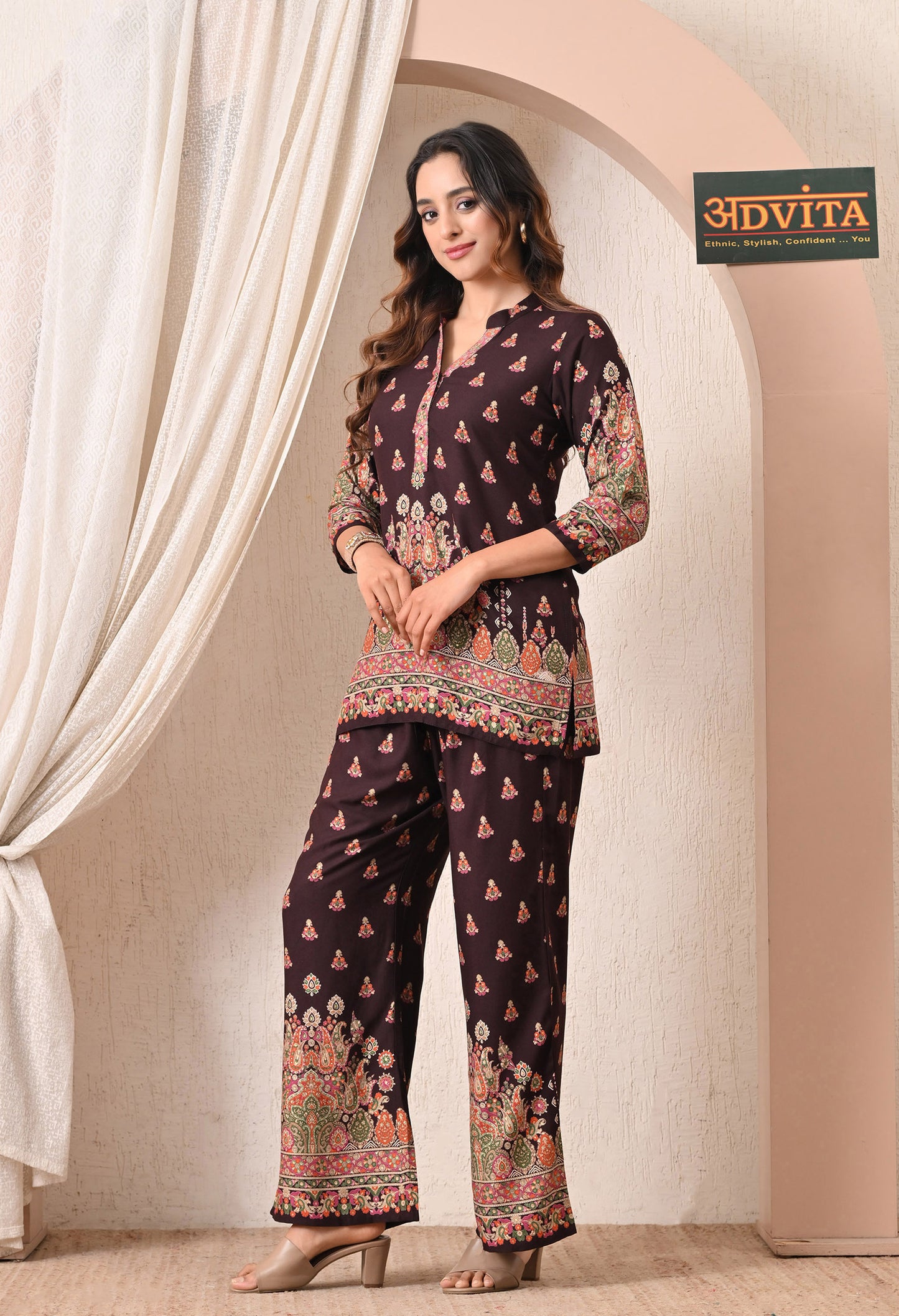 Advita Dark Maroon Paisley Print Rayon Cotton Co-ord Set for Women