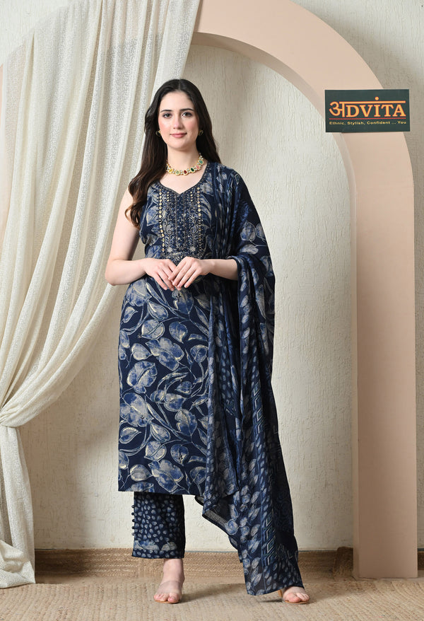 Advita Navy Blue Batik Leaf Print Rayon Cotton Suit for Women