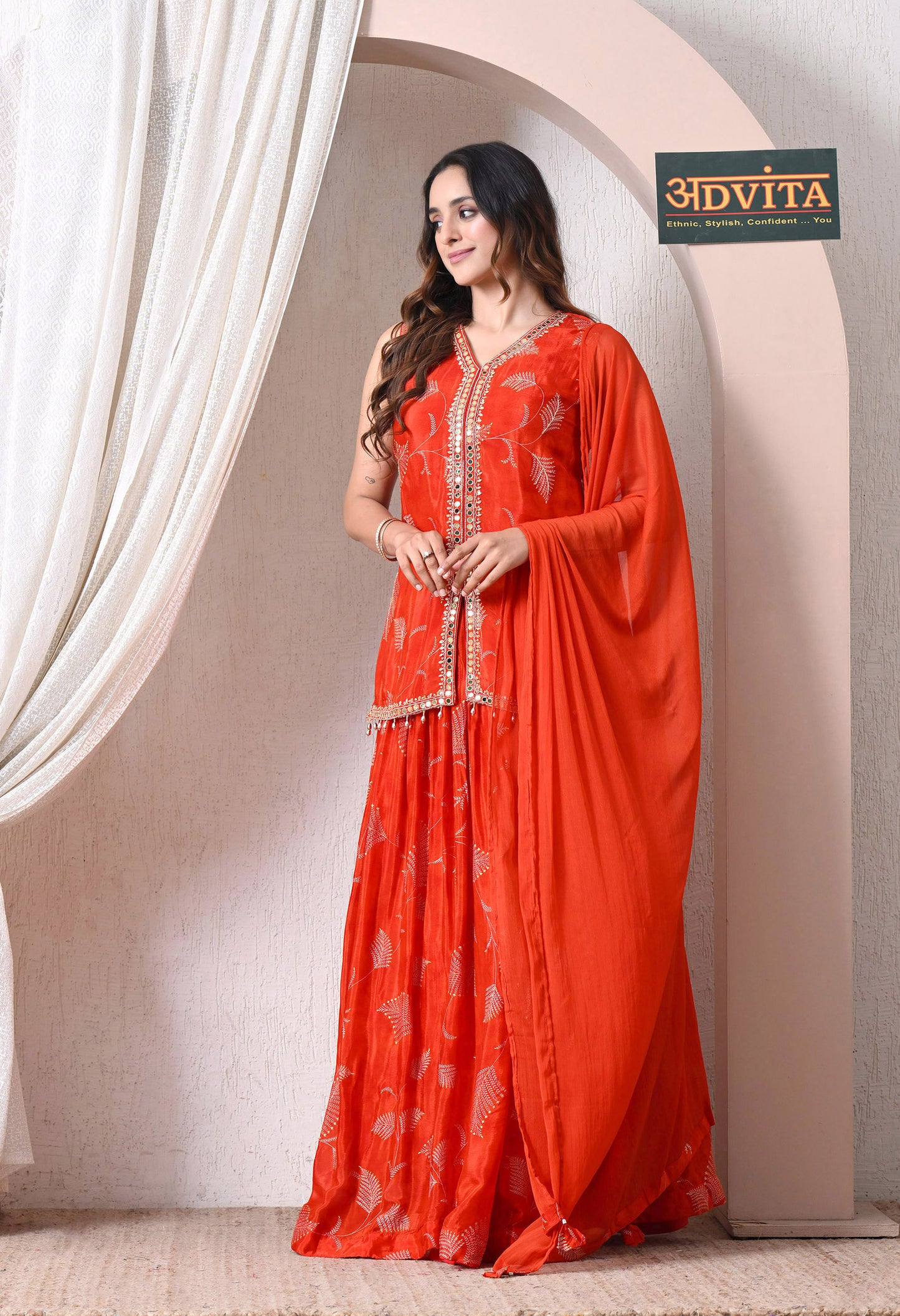 Advita Orange Embroidery Mirror Work Chinon Skirt Set for Women