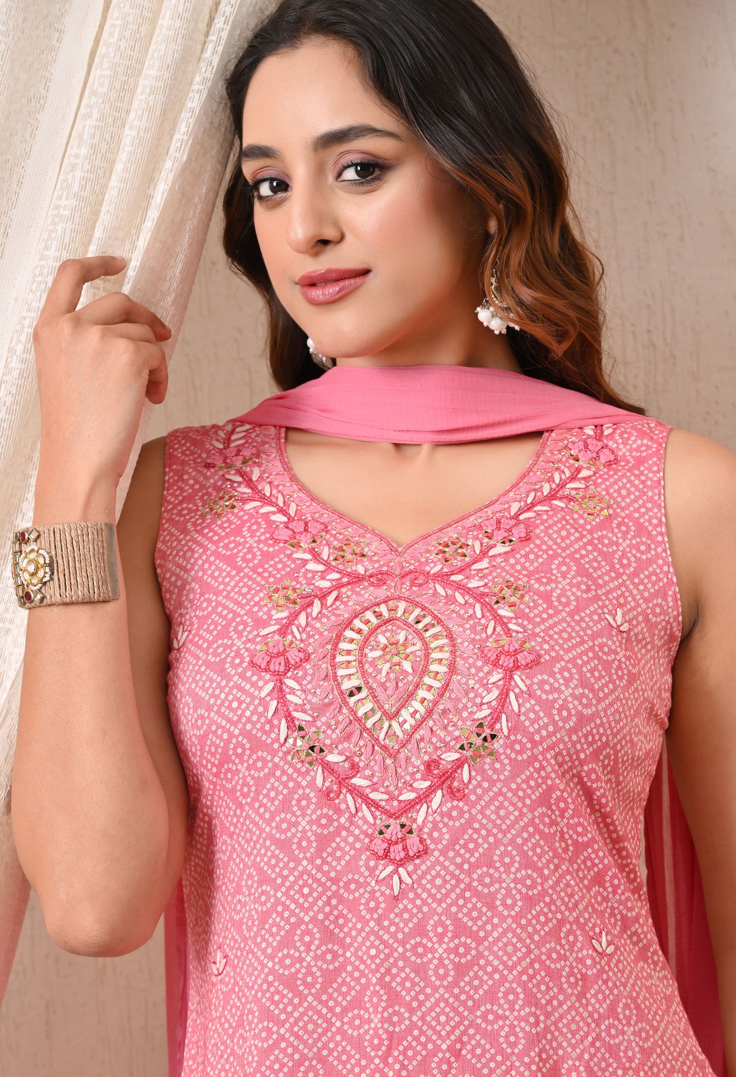 Advita Pink Bandhani Print Rayon Cotton Suit for Women