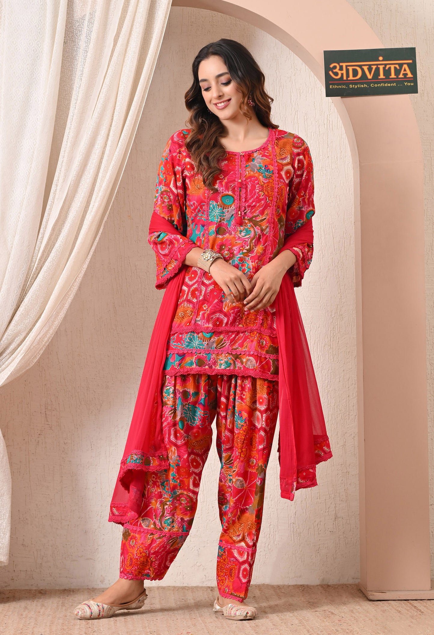 Advita Pink Multicolor Floral Print Rayon Cotton Farsi Salwar Suit for women – view 4