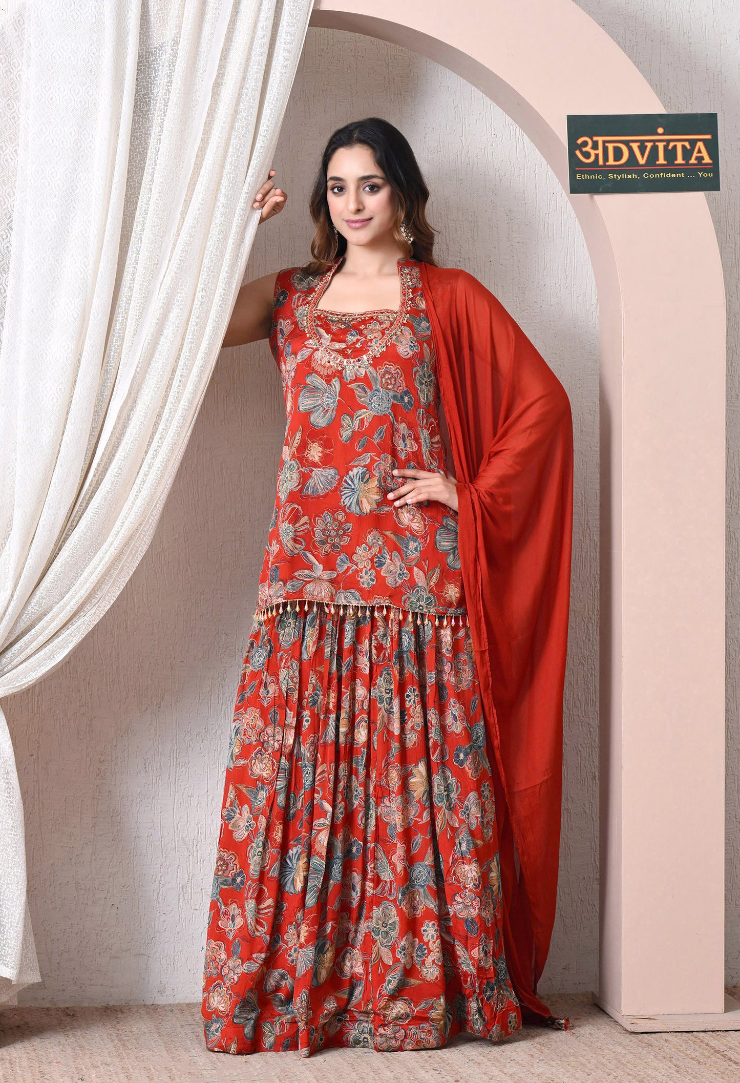 Advita Red Floral Chinon Skirt Set for Women