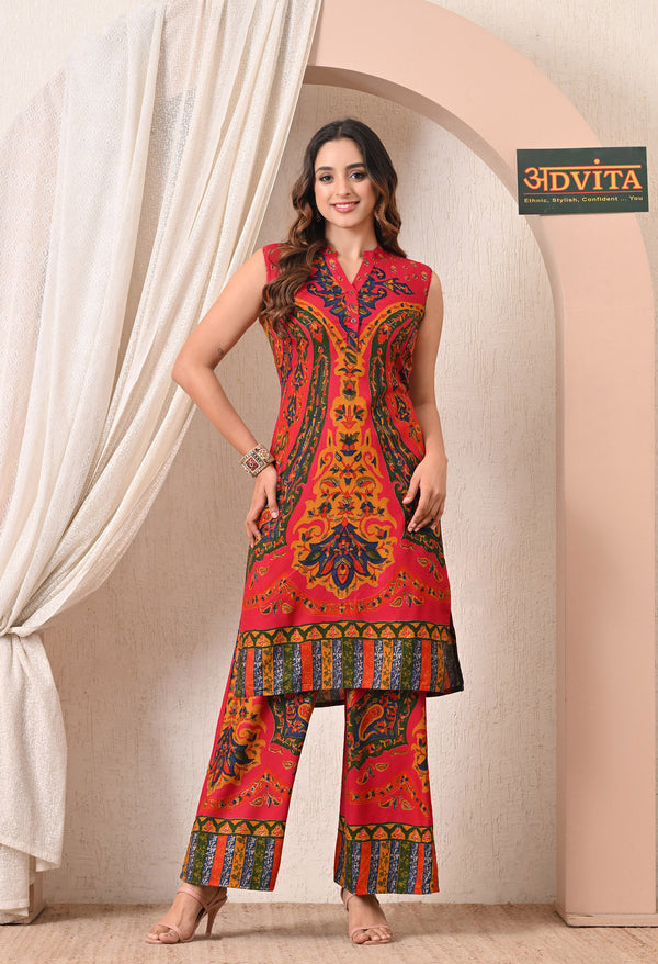 Advita Red Kalamkari Print Rayon Cotton Kurta Set for Women