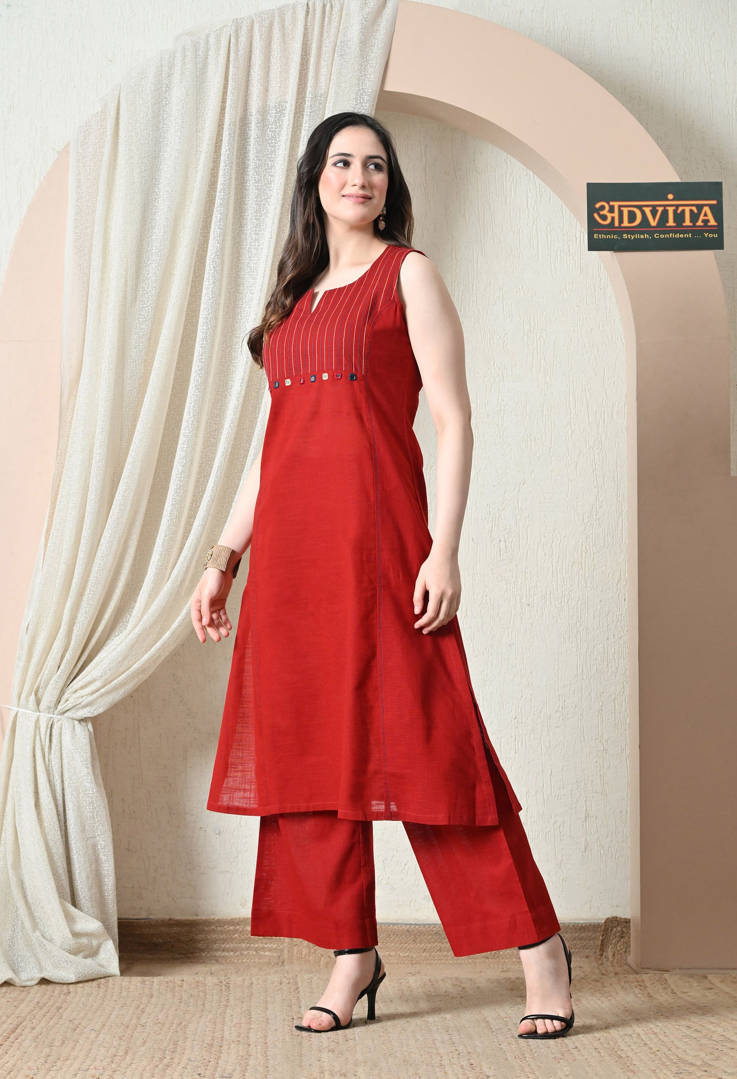 Advita Red Mirror Work Pure Cotton A-Line Kurta Set for Women