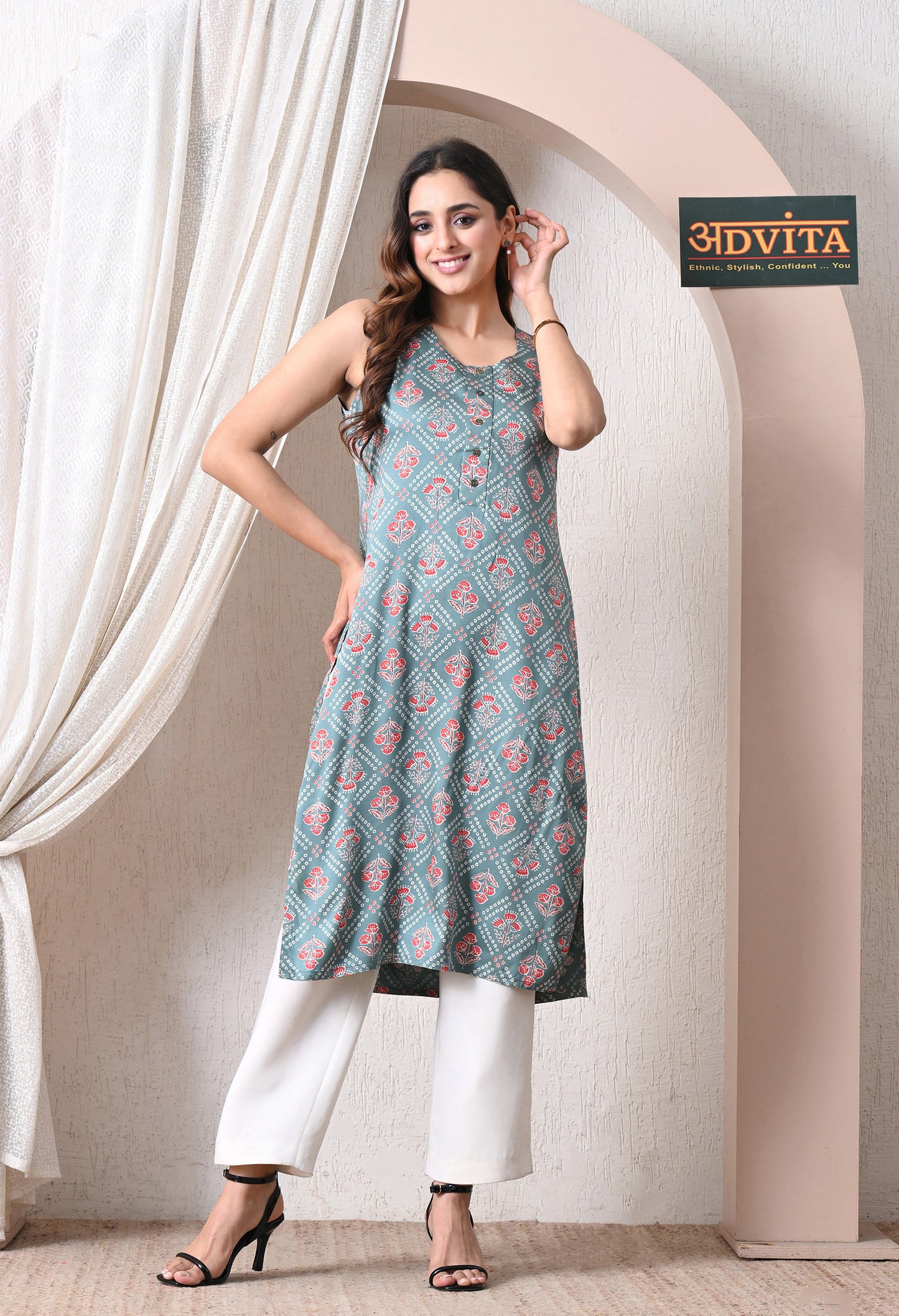 Advita Teal Floral Block Print Straight Kurti for Women