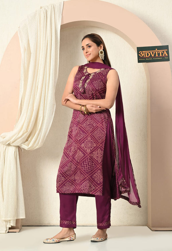 Advita Wine Bandhani Printed 3 Piece Ethnic Suit for Women