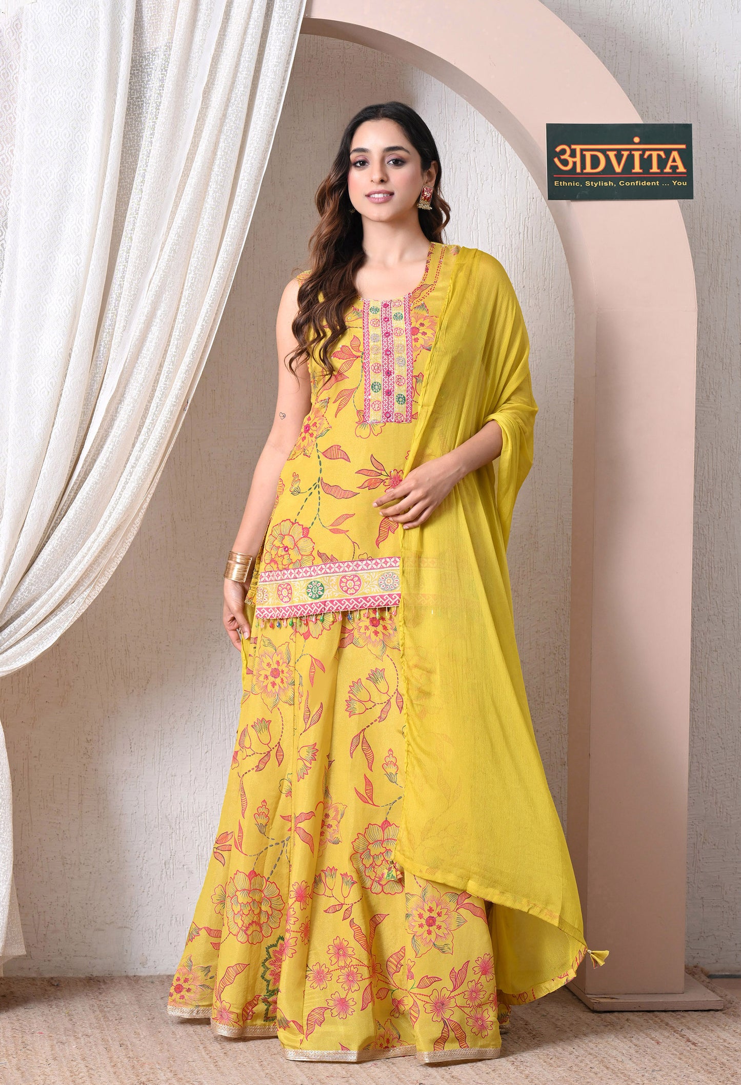 Advita Yellow Chinon Floral Print Kurti Skirt Set with Dupatta for Women