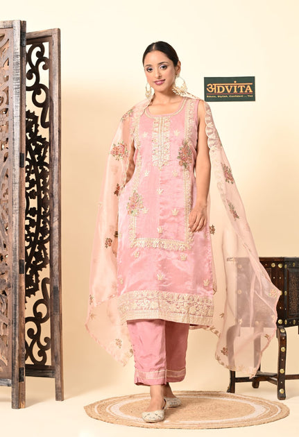 Advita festive 3 piece suit in gajri pink and pista green