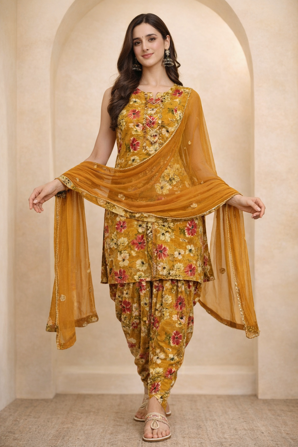 Advita mustard gold floral print dhoti suit with dupatta