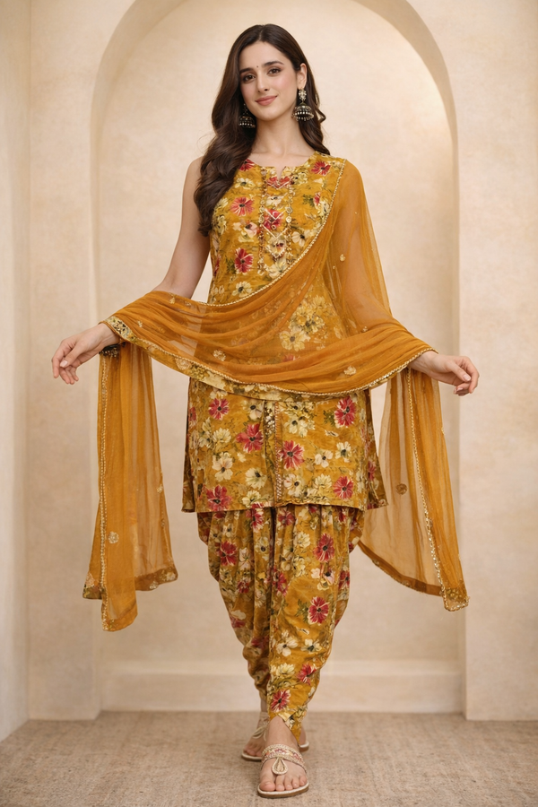 Advita mustard gold floral print dhoti suit with dupatta
