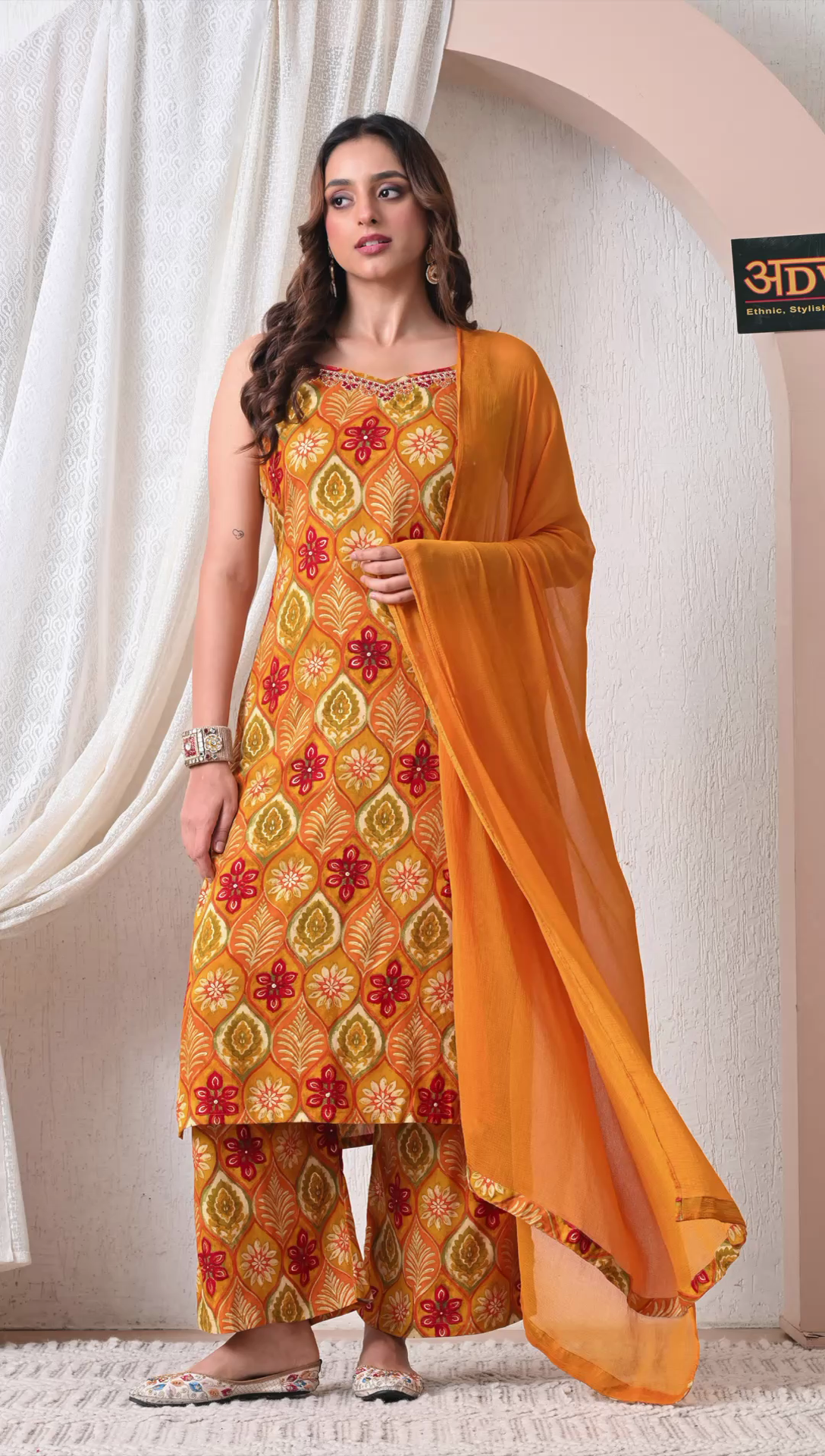 Advita mustard yellow rayon cotton suit set for a college farewell