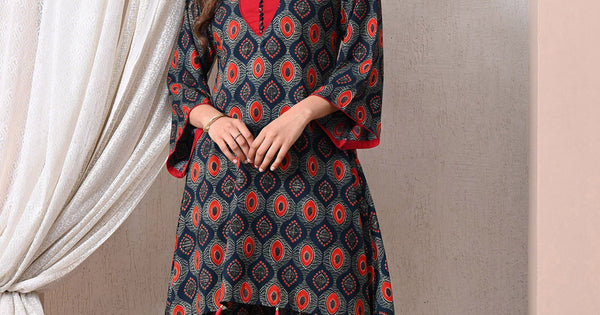 Advita navy blue geometric print rayon cotton co-ord set