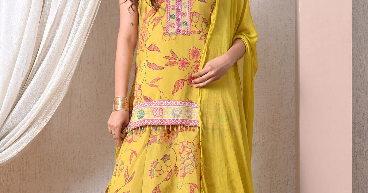 Advita yellow chinon floral print kurti skirt set for Janmashtami