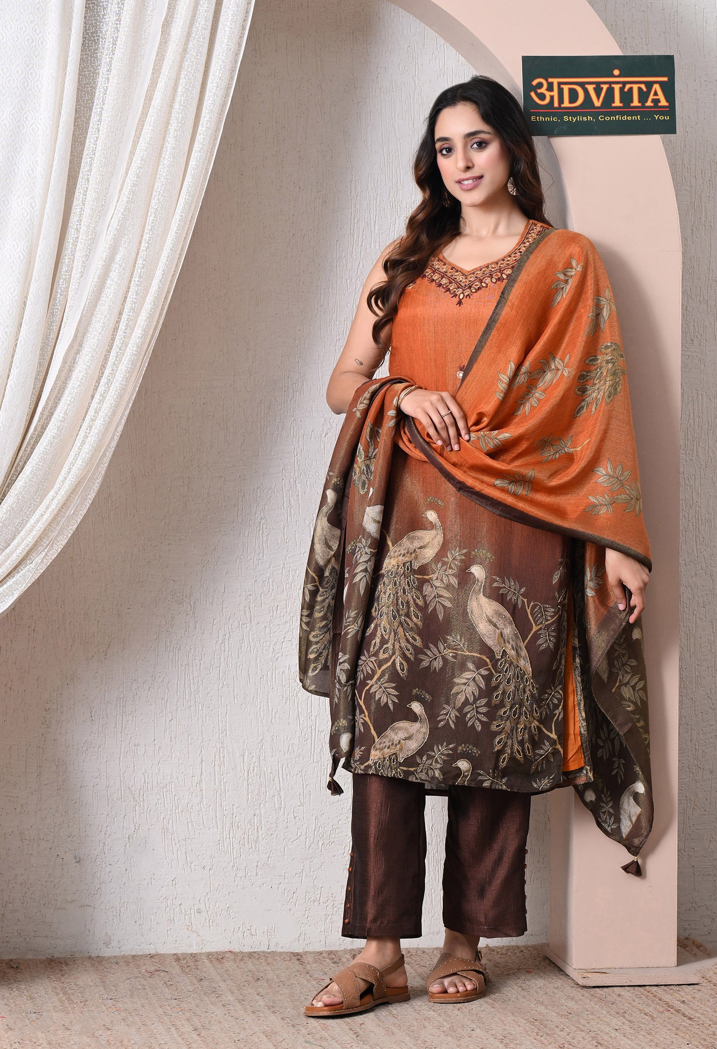 Advita Chinon Silk Party Wear 3-Piece Suit for Women in Rust Orange