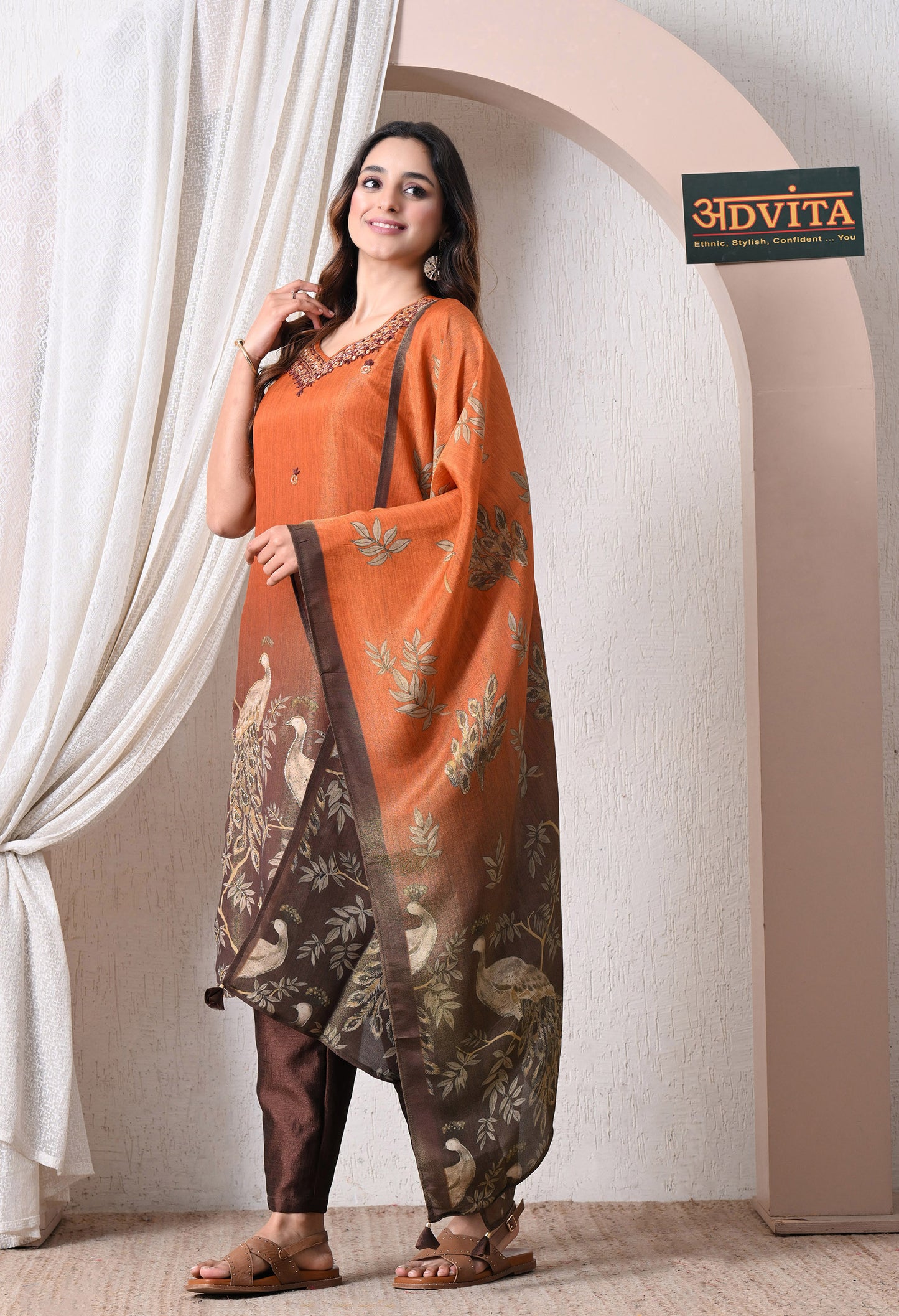 Advita Chinon Silk Party Wear 3-Piece Suit for Women in Rust Orange
