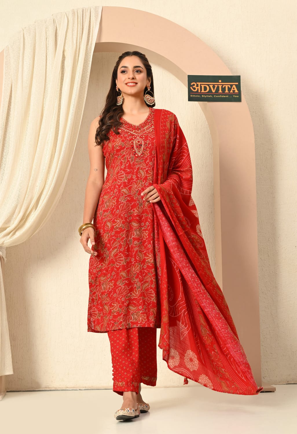 Woman wearing Elegant Women's Cotton 3-Piece Suit Set – Kurta, Dupatta & Bottom