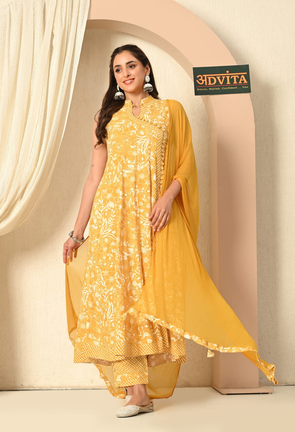 Woman wearing Elegant Frock Style 3-Piece Cotton Suit Set