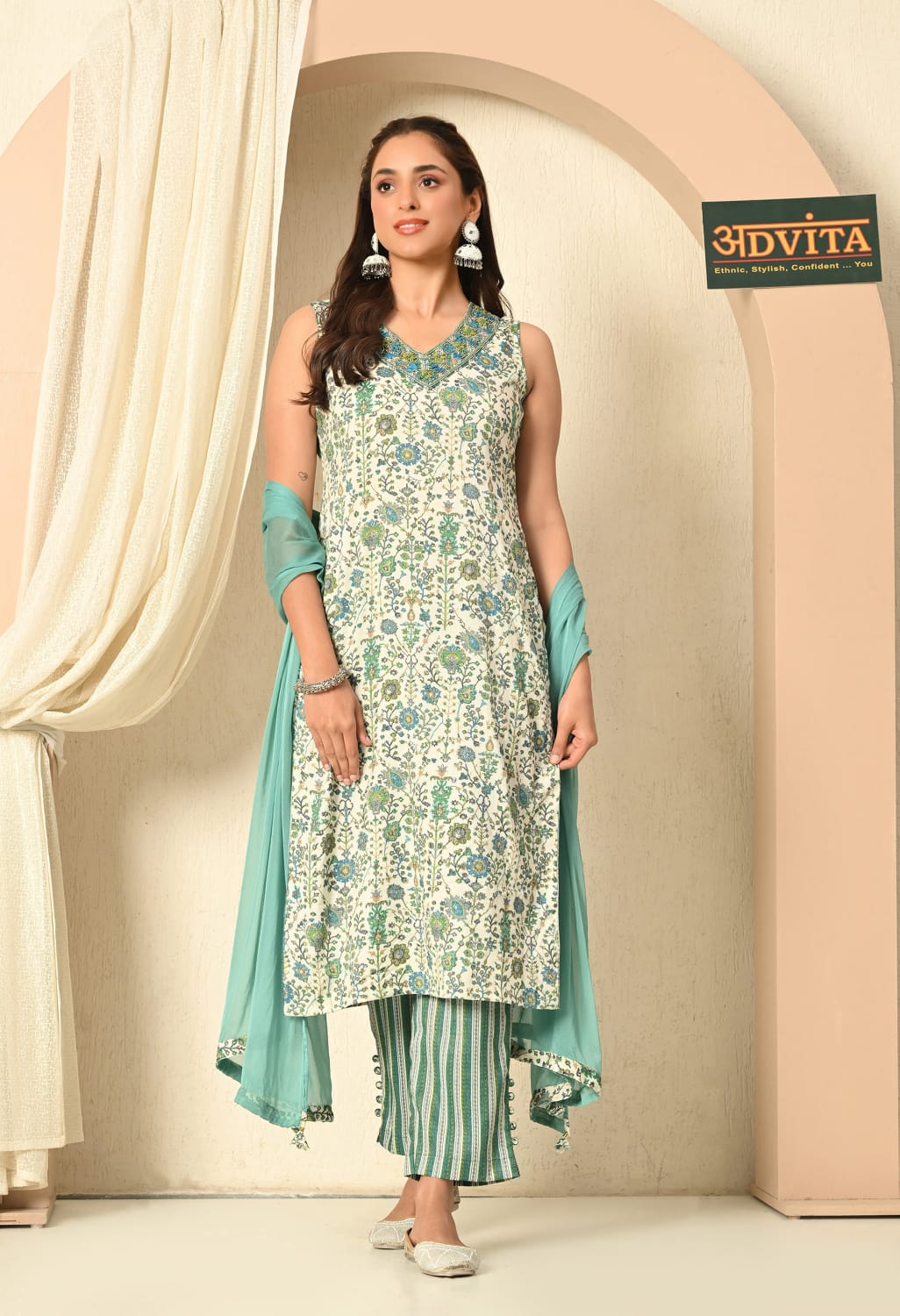 Woman wearing Advita Rayon Organic Cotton Suit Set – 3-Piece Elegance