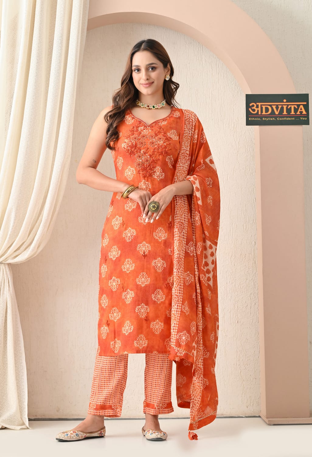 Woman wearing Advita Rayon Cotton 3-Piece Suit – Soft & Elegant Daily Wear