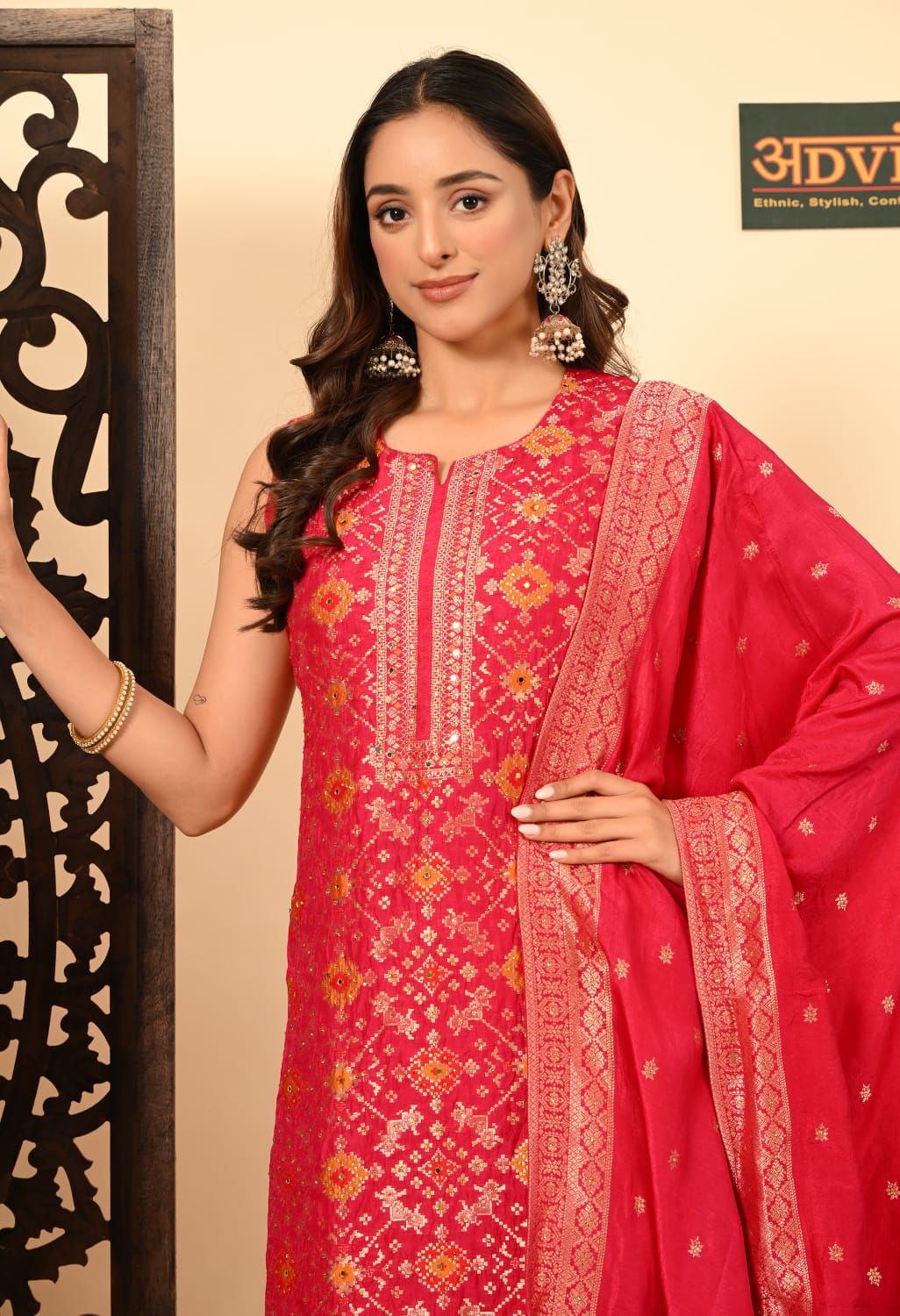 Advita pink Dolla silk 3 piece party wear suit for women front view