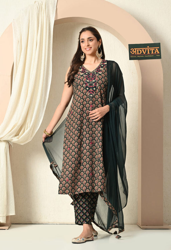 Advita Green Cotton 3-Piece Suit Kurta Set for Women