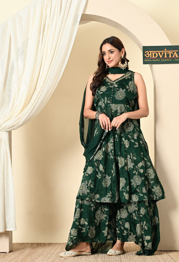 Advita Green Floral Divider Suit for Women