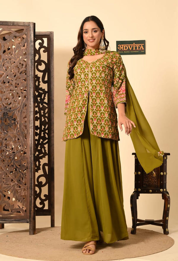 Advita Mehndi Green Kurti Sharara Dupatta Set for Women