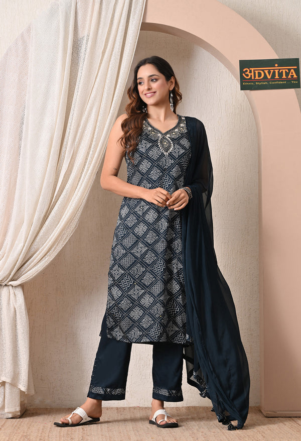 Advita Midnight Blue Gaji Silk 3 Piece Suit for Women
