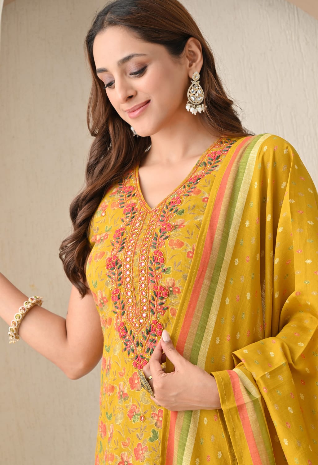 Women mustard yellow cotton 3 piece suit with dupatta