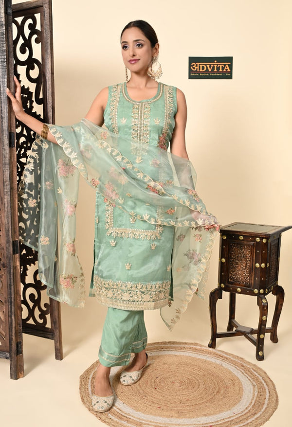Advita Pista Green Embroidered 3 Piece Party Wear Suit