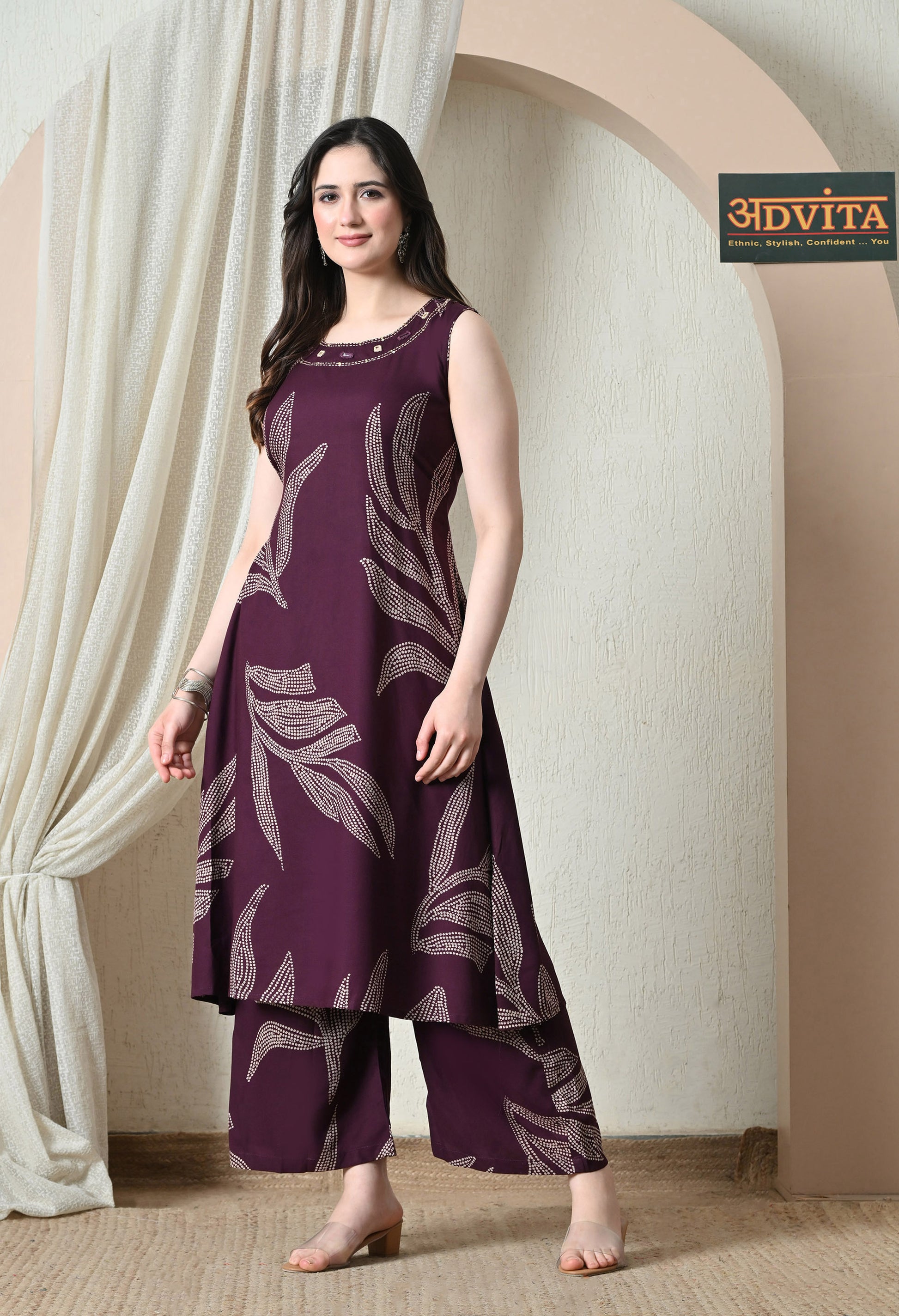 Elegant women long rayon cotton ethnic coord set in wine purple
