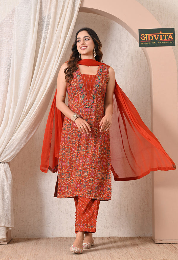 Women rust orange printed rayon cotton 3 piece suit set