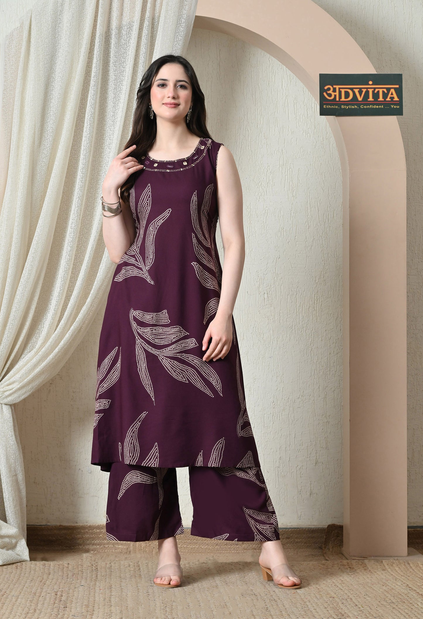 Woman wearing wine purple rayon cotton A-line cord set