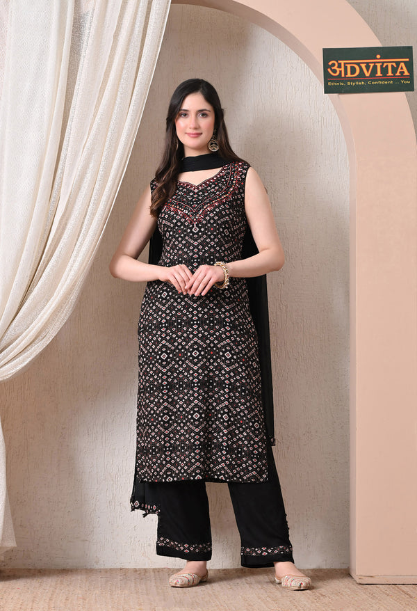 Advita Bandhani Diamond Print Rayon Cotton Suit for Women in Black
