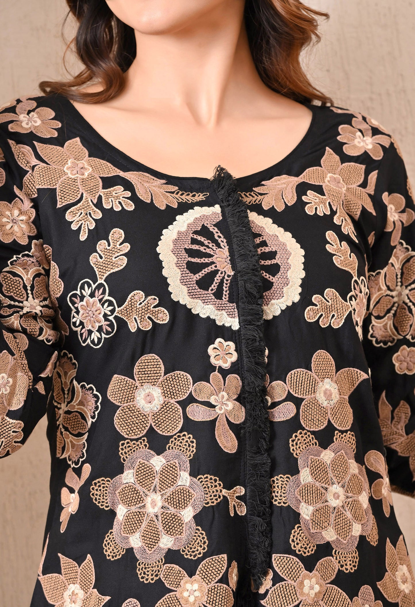 Advita Black Floral Embroidery Rayon Cotton Cord Set for Women