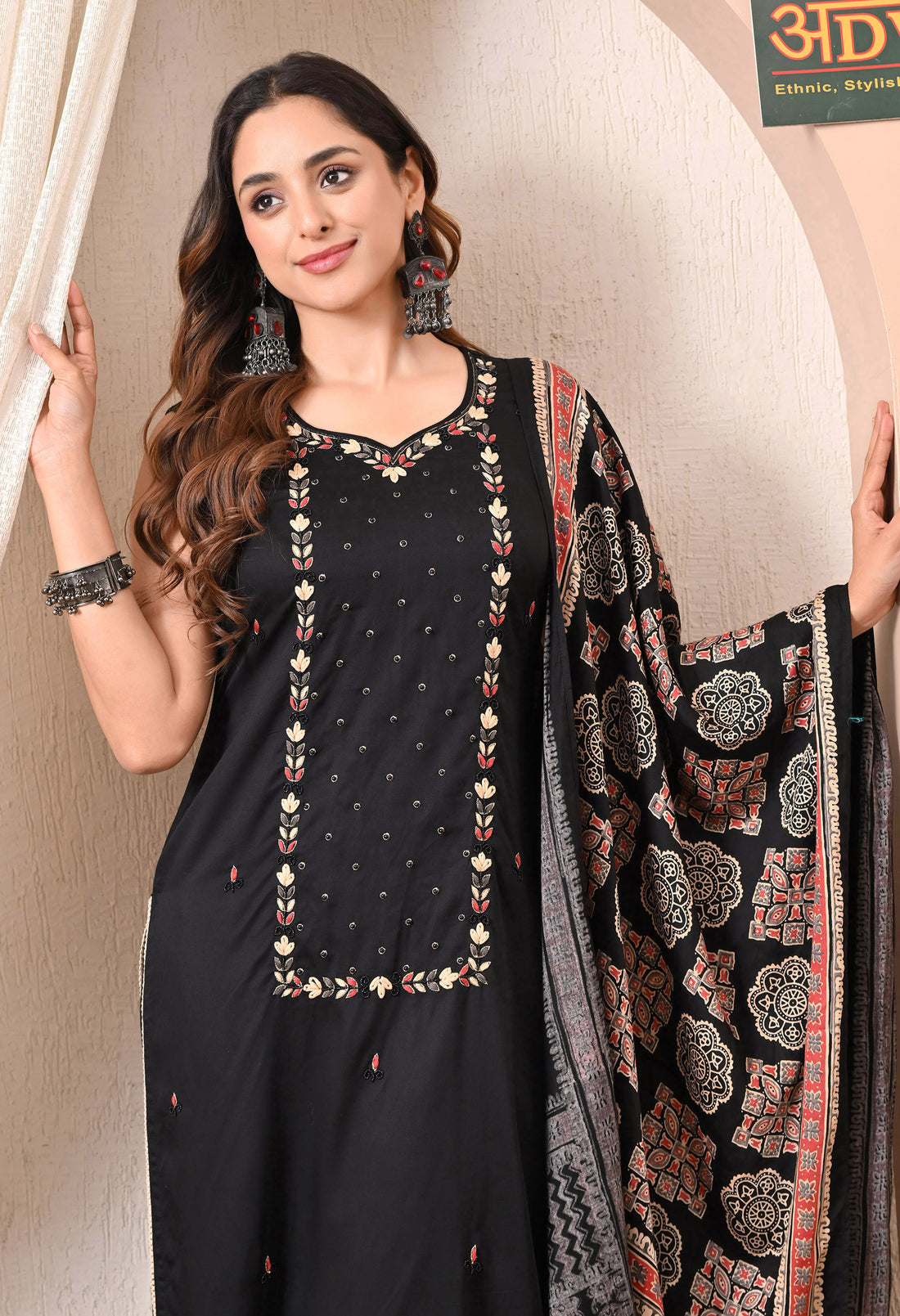 Advita Black Embroidery Gaji Silk 3-Piece Suit for women – view 2