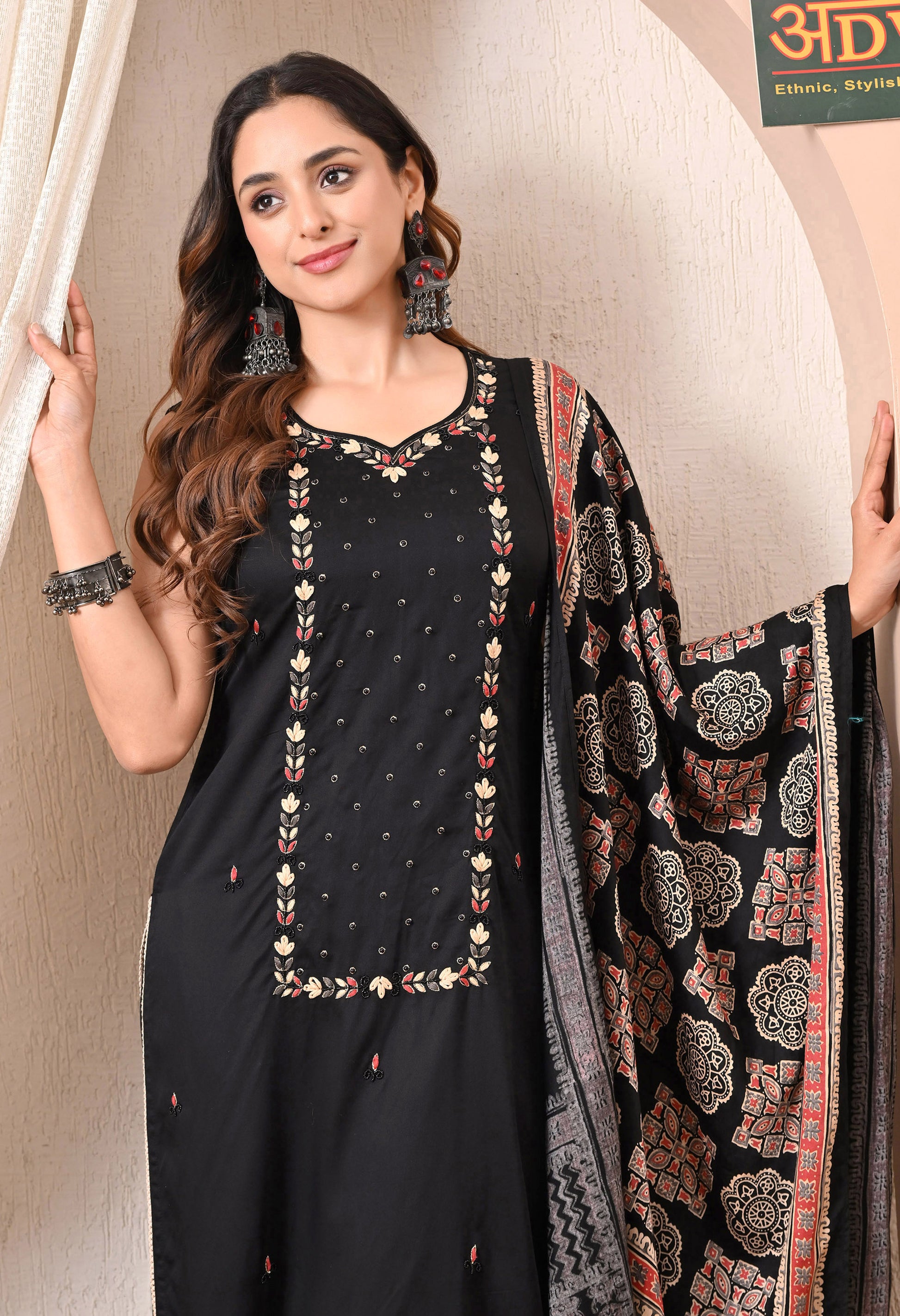 Advita Black Embroidery Gaji Silk 3-Piece Suit for women – view 2