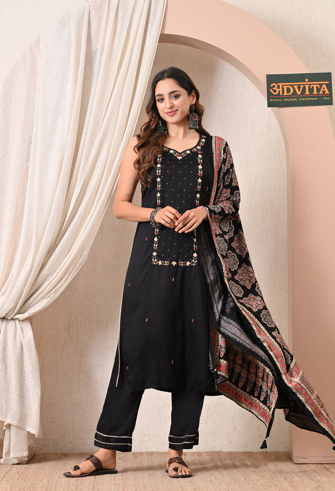 Woman wearing Advita Black Embroidery Gaji Silk 3-Piece Suit