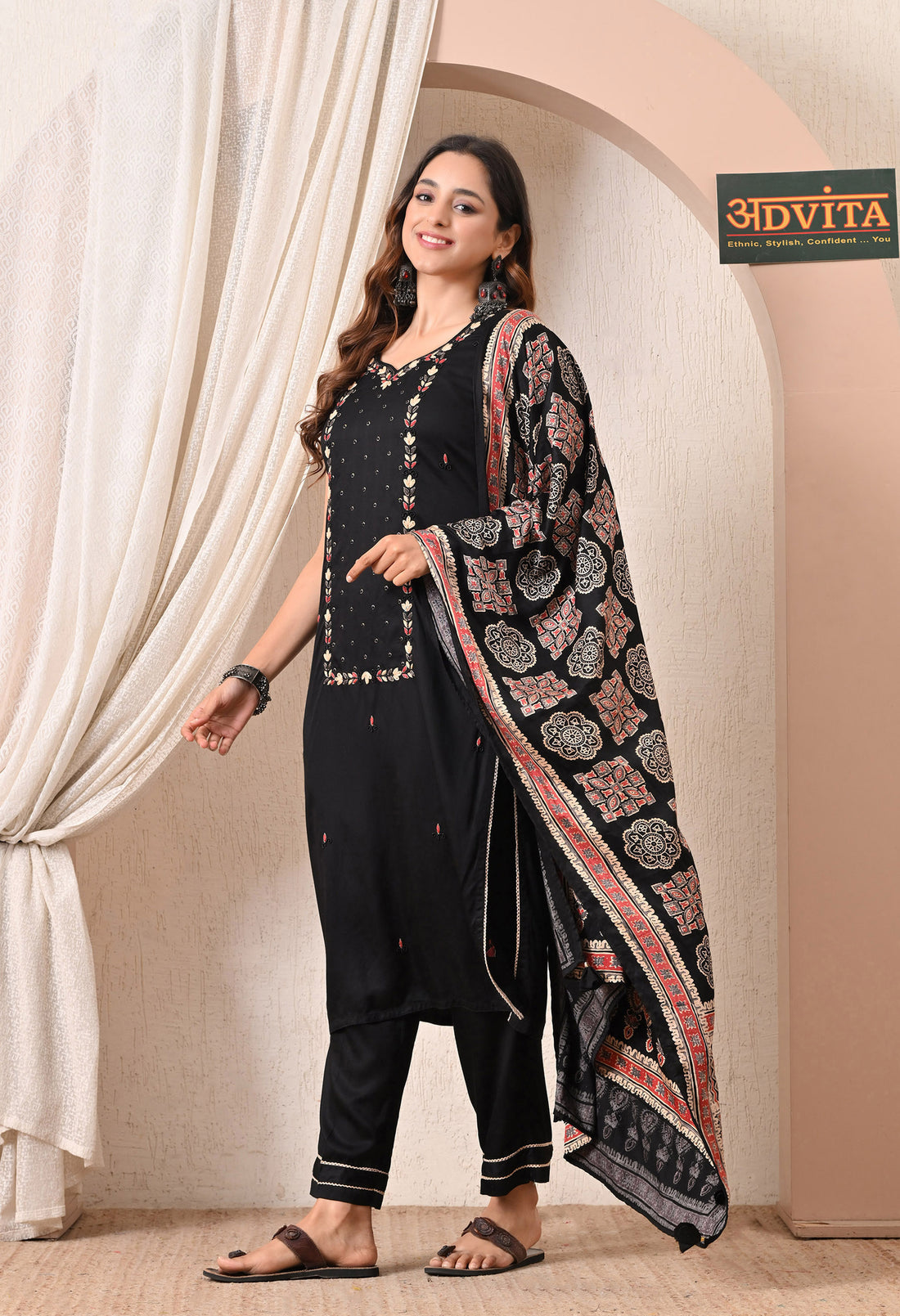 Advita Black Embroidery Gaji Silk 3-Piece Suit for women – view 3