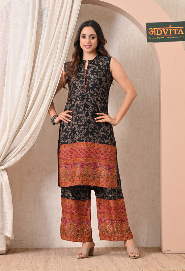 Advita Black Floral Print Rayon Cotton Kurta Set with Palazzo for Women