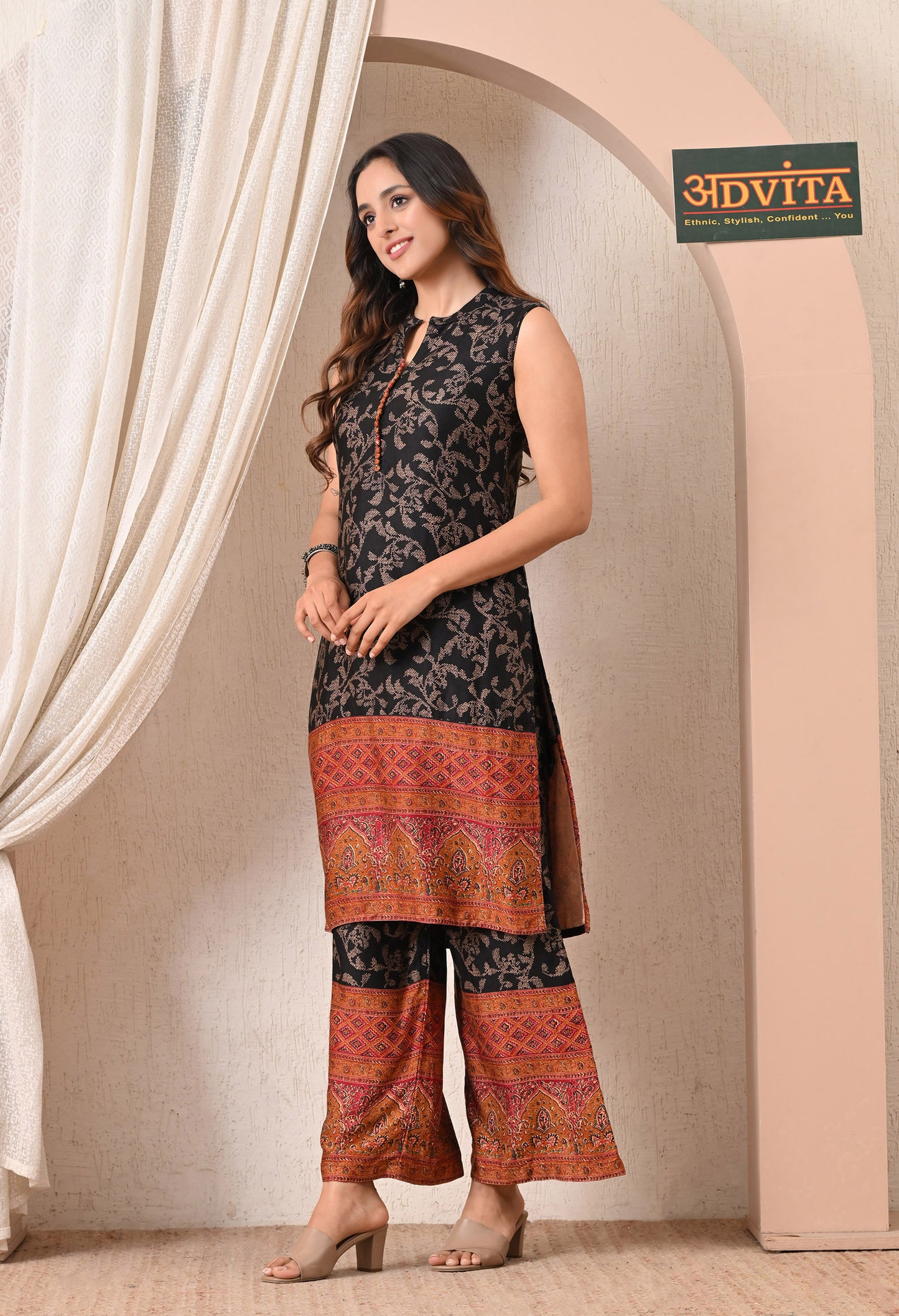 Advita Black Floral Print Rayon Cotton Kurta Set with Palazzo for Women