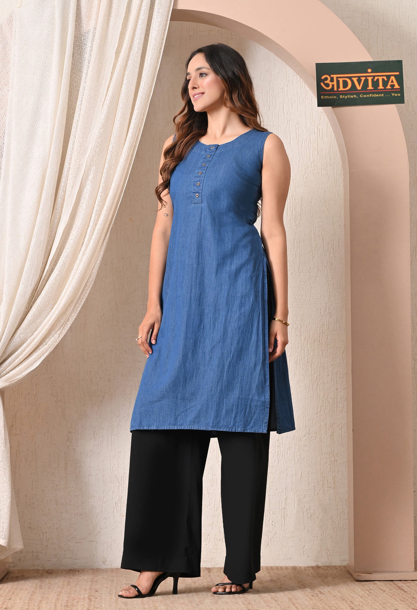 Advita Blue Denim Cotton Straight Kurti for Women