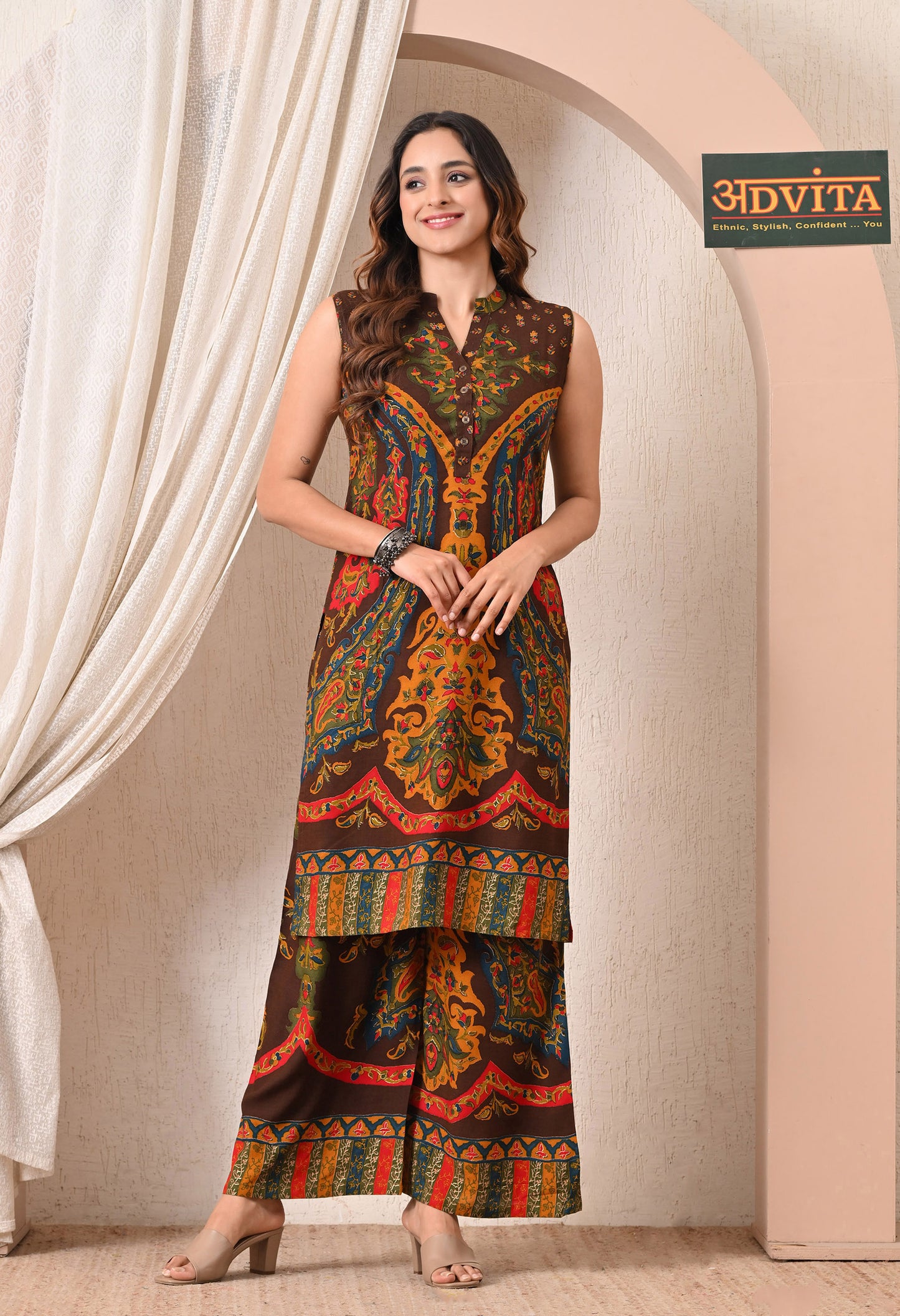 Advita Dark Brown Abstract Print Rayon Cotton Kurta Set for Women