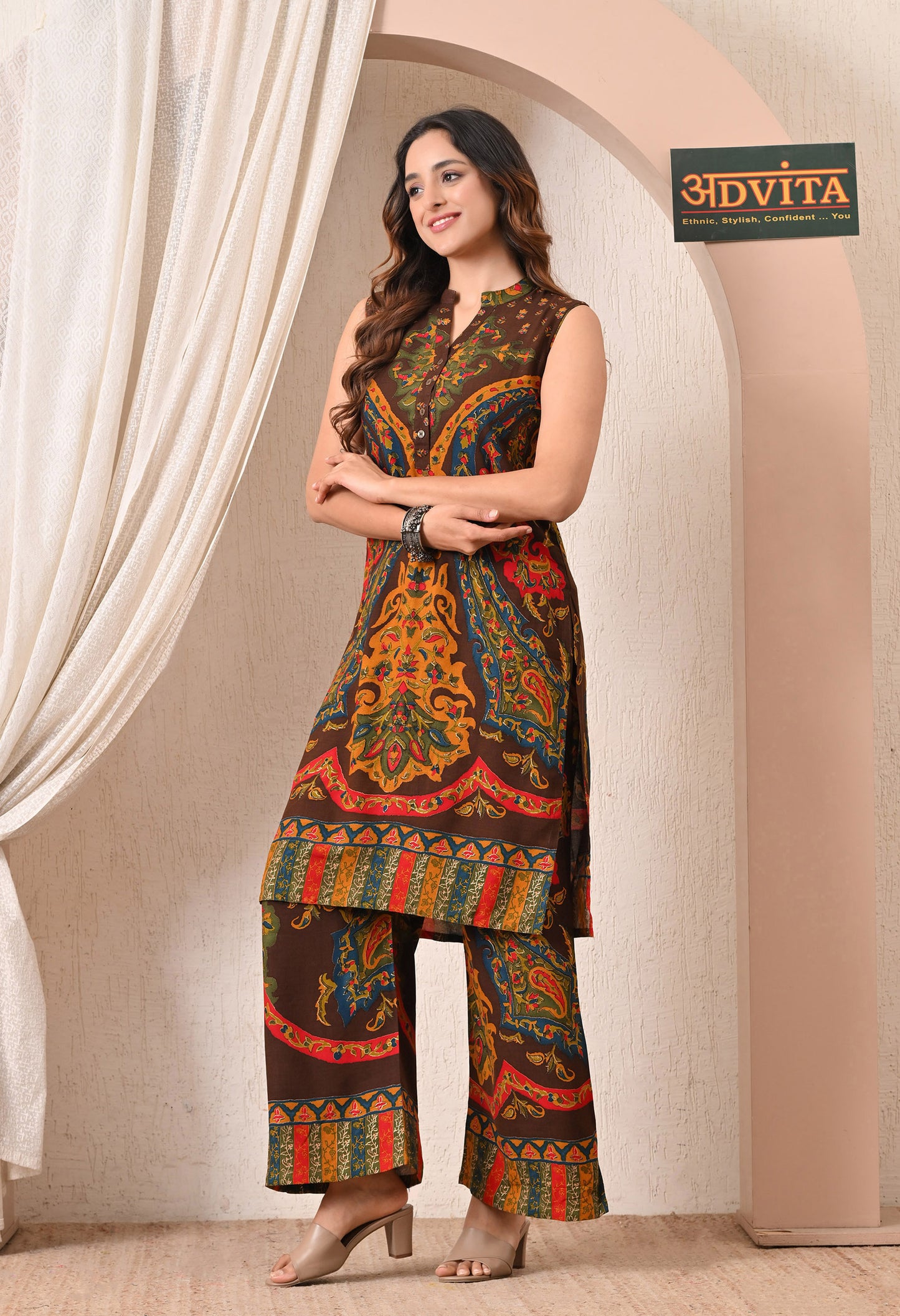 Advita Dark Brown Abstract Print Rayon Cotton Kurta Set for Women