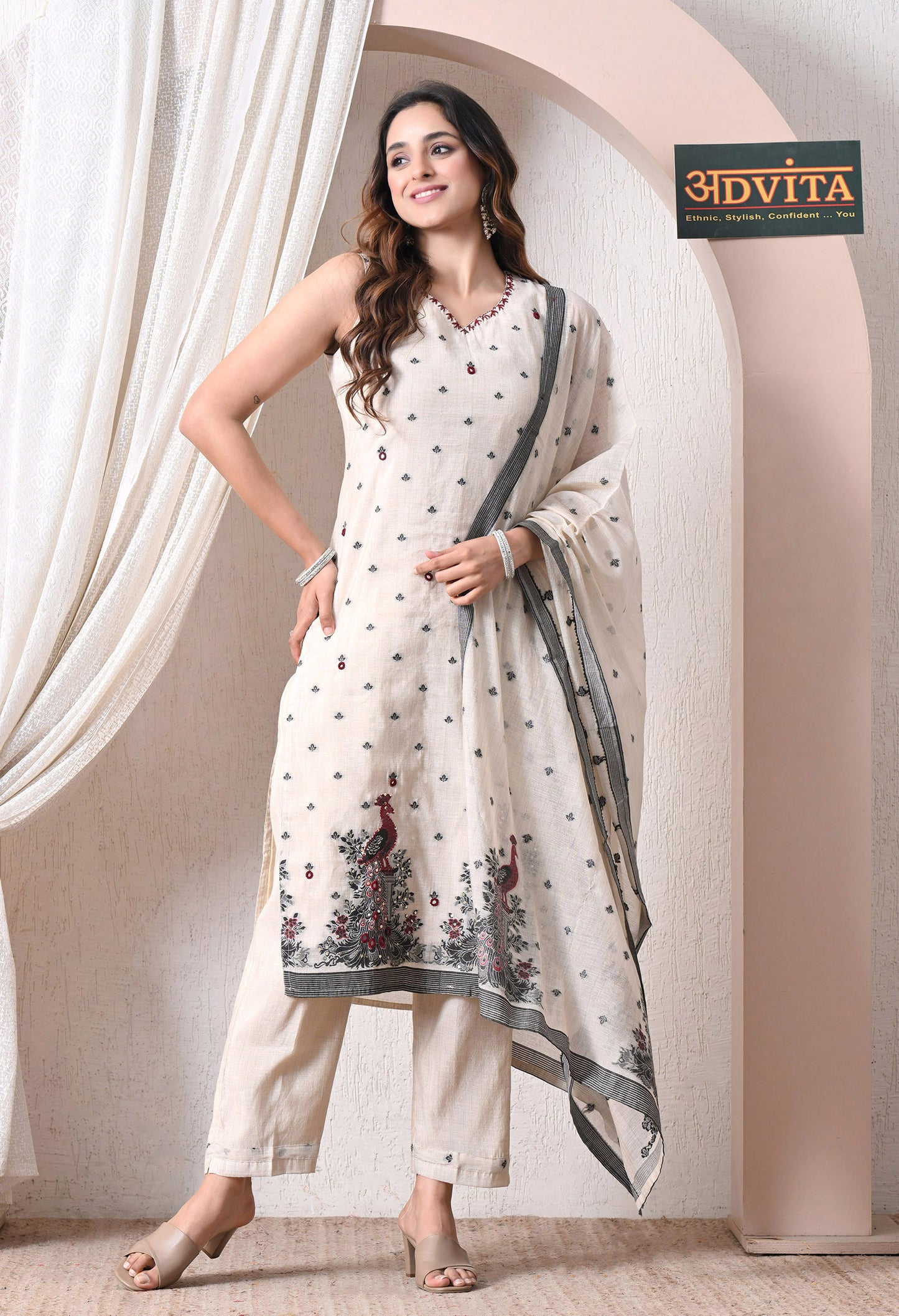 Advita Cream Jamdani Cotton 3-Piece Salwar Suit for Women
